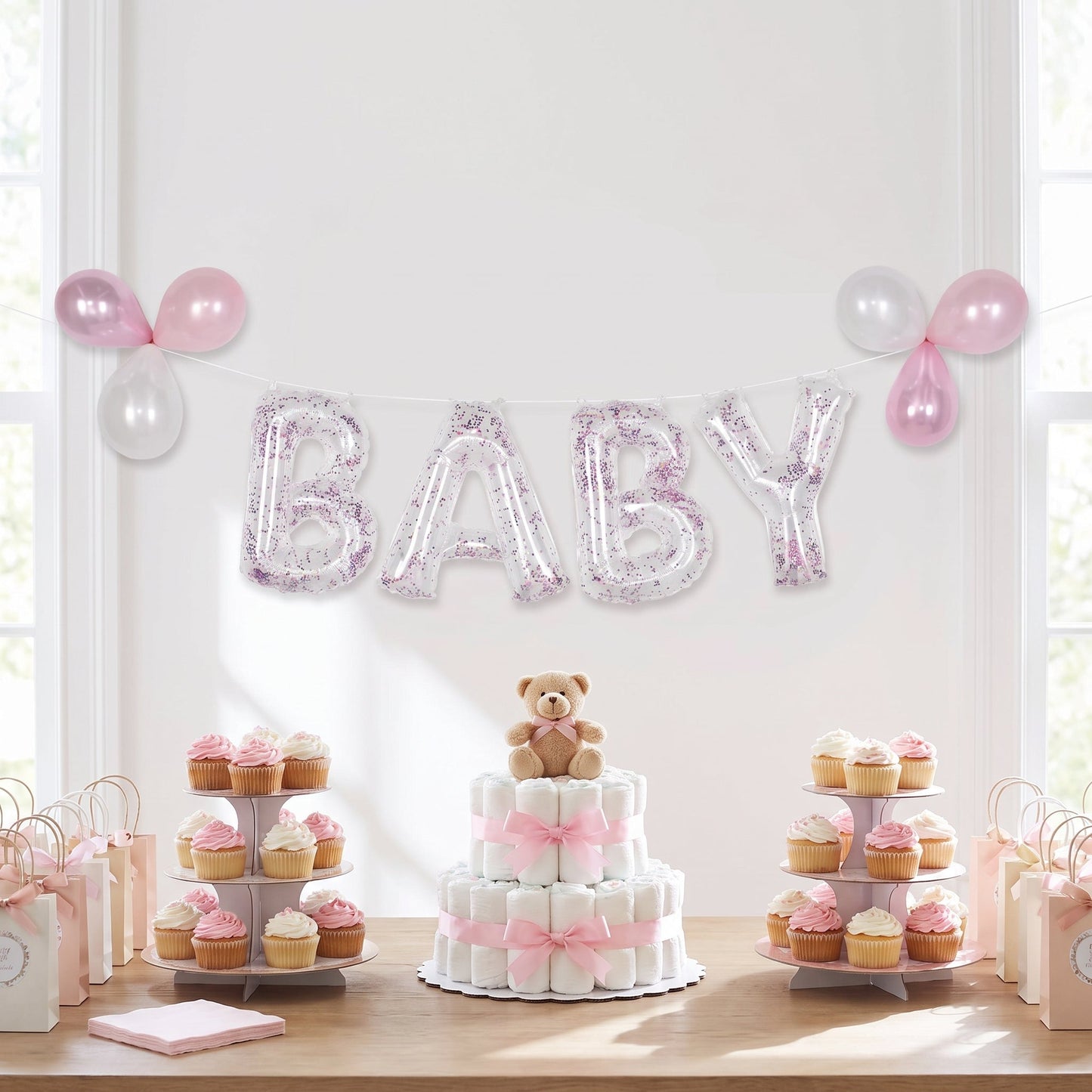 "Baby" Pink Confetti Foil Balloon Banner Kit