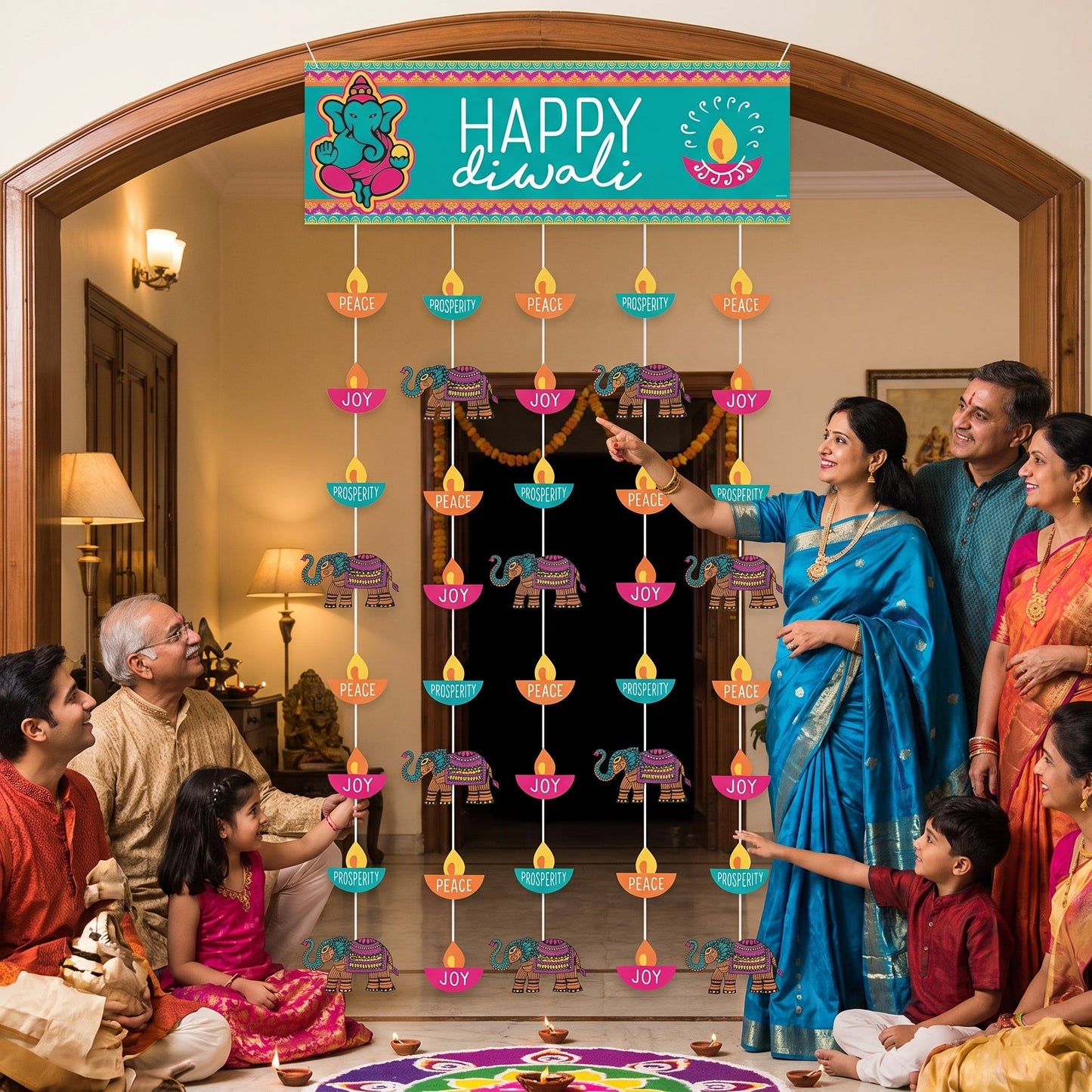 "Happy Diwali" Doorway Curtain with Ganesh & Elephant Motifs, 77-inch