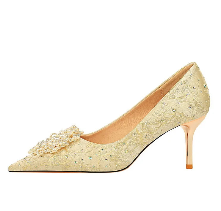 Big Size Diamond Pearl Scarpe Donna Tacco Alto Luxury White Wedding Heels for Bride Shoes