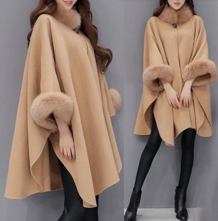 Custom Warm Autumn and Winter Large Fur Collar Mid Length Woolen Coat Cloak Shawl Loose Ladies Women Faux Fur Wool Shawl