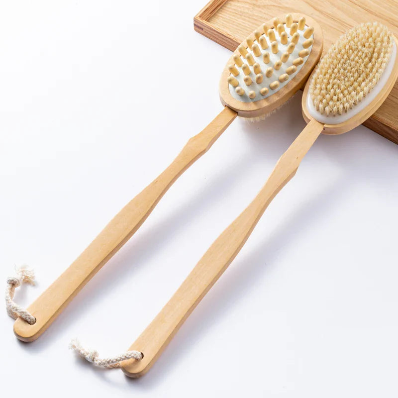 Dual-Sided Long Handle Shower Scrubber Wet & Dry Body Care Exfoliating Brush Dry Brushing with Loofah Sponge Removes Dead Skin