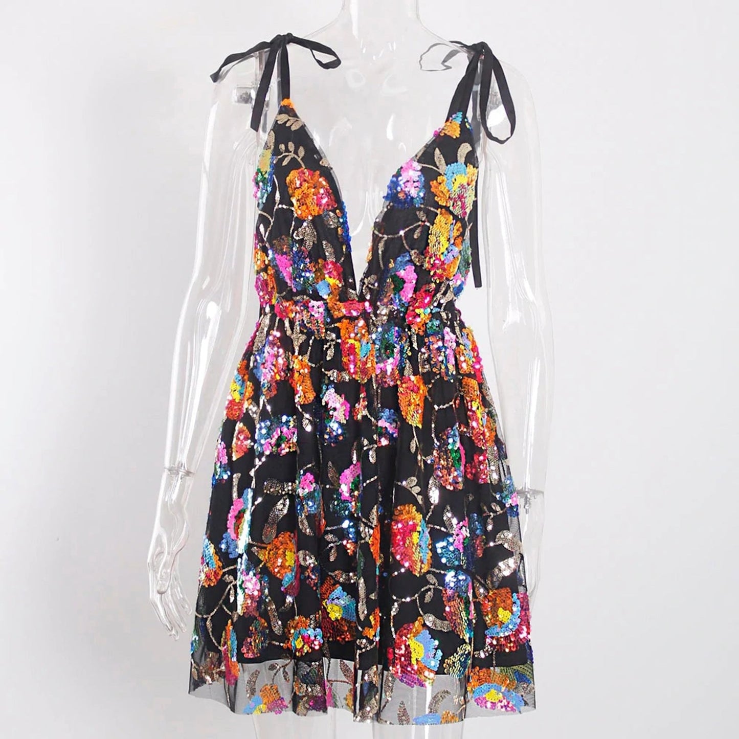 2023 Export Cross-Border Hot Selling Amazon Hot Selling Sexy Deep V Backless Sequined Floral Lace Women's Sexy Short Clothing