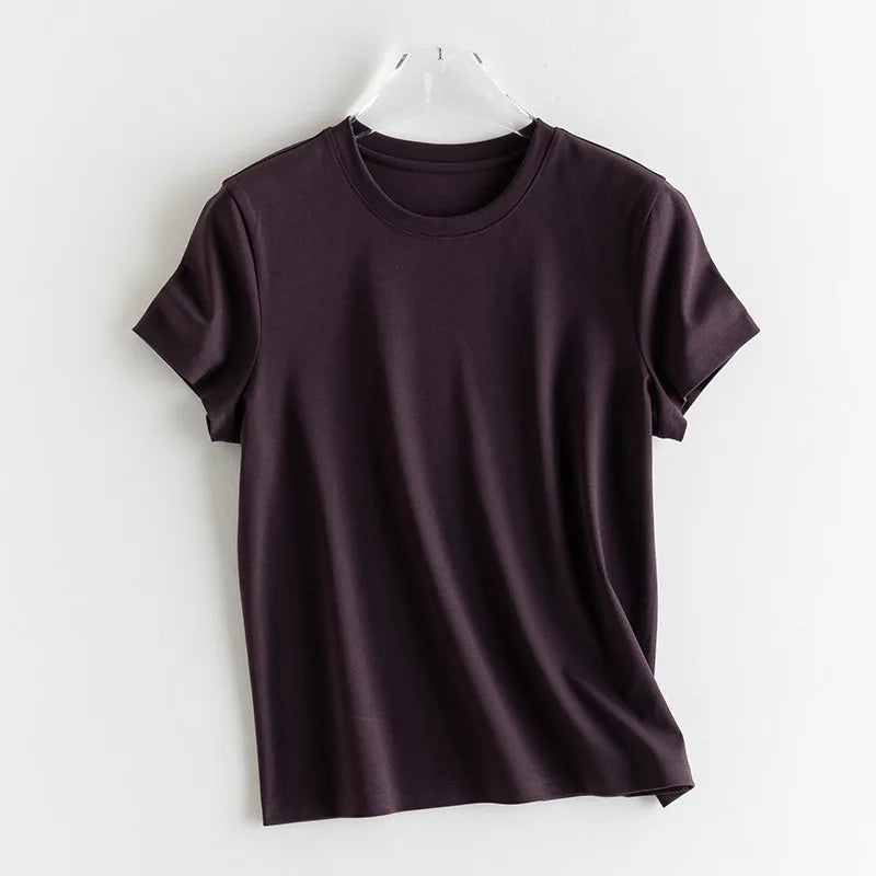 Birdtree 7% Silk 62% Cotton Solid Female Tshirt,Woman O-neck Short Sleeve Fit Shirt,2025 Spring Summer New T57615JF