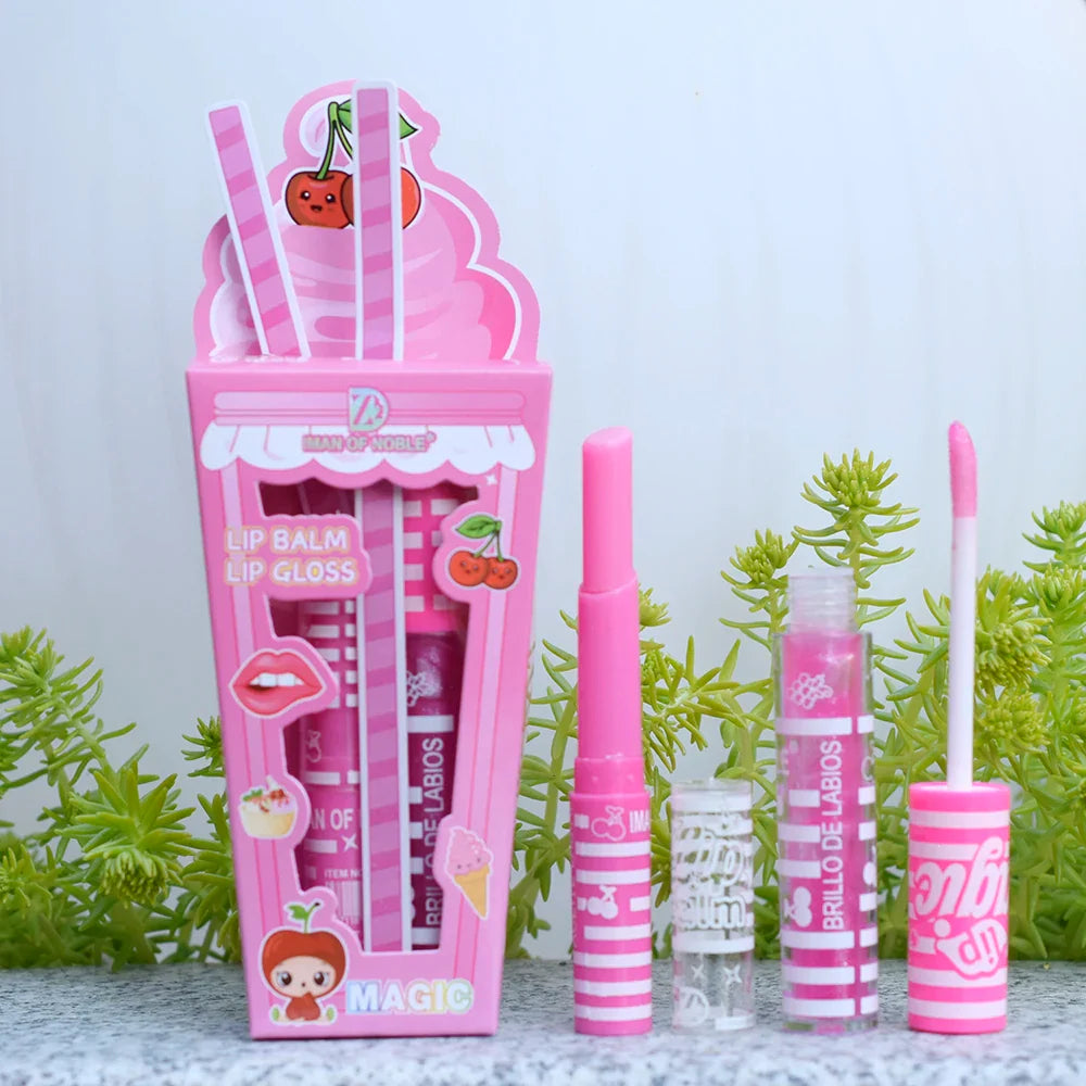 Cute Ice Cream Shiny Lip Gloss Lip Balm Set Girls Woman Waterproof Longlasting Natural Moisturizing Lips Makeup