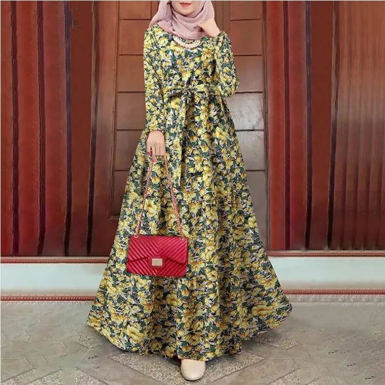 2025 New Muslim Robe Dress Fashion Retro Robe Femme Musulman Printed Long Sleeve Women's Dress
