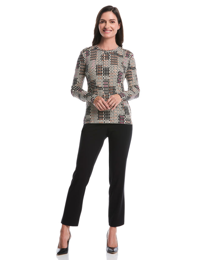 Geo Print Laced Crew Neck Top (Ecru)