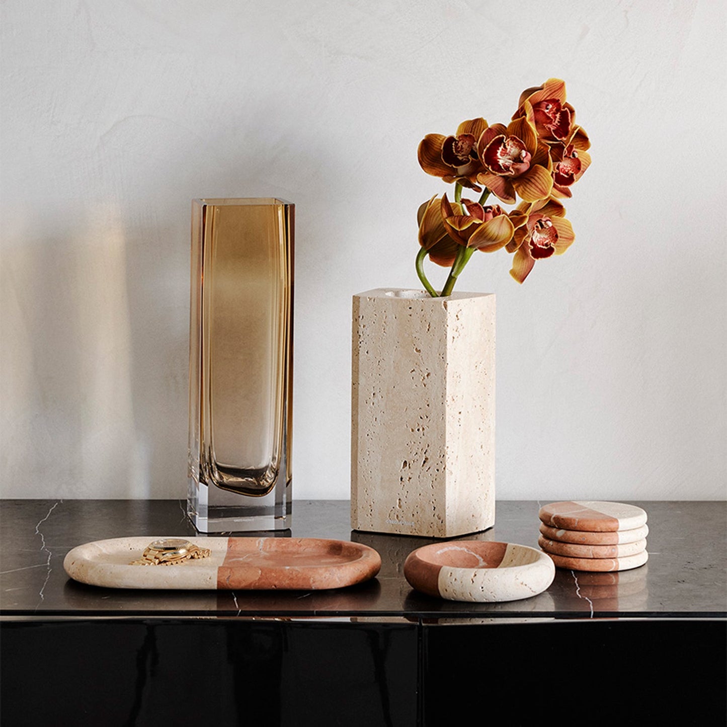 greg natale | polar coaster | set of 4 | coral + travertine