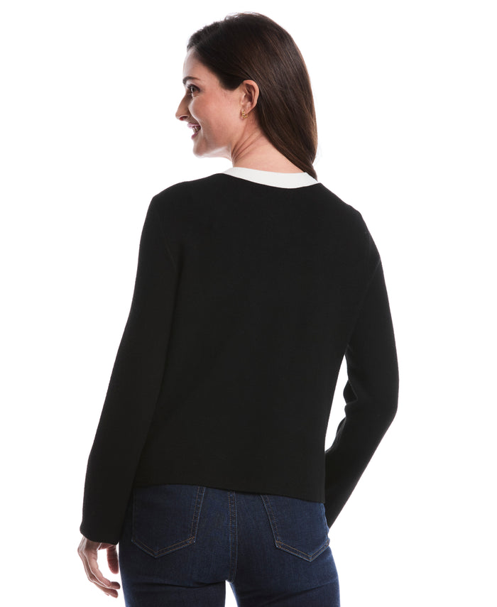 Petite Contrast Placket Button-Up Cardigan (Black)