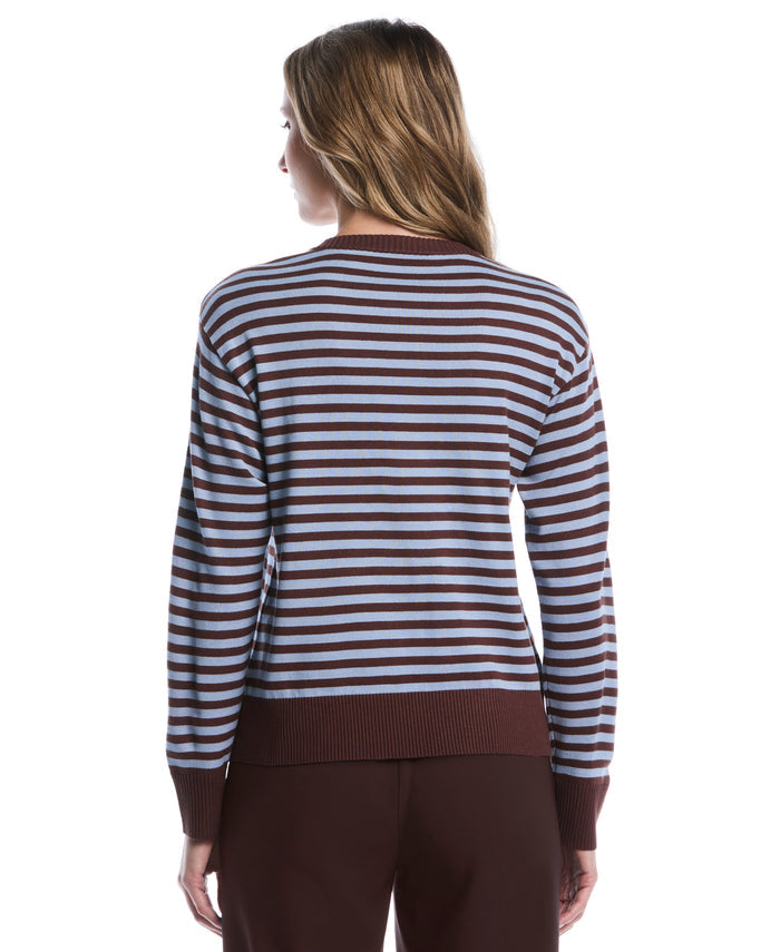 Petite Striped Rib Trim Crewneck Sweater (Blue Blizzard)
