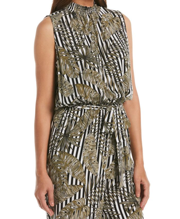 Print Smocked Neck Jumpsuit (Dried Sage)