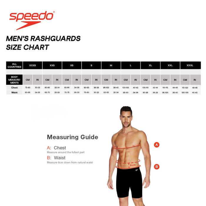 Speedo Men's Rashguards Size Chart with measuring guide for chest and waist, featuring a male model.