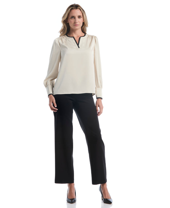 Petite Split Neck Contrast Trim Blouse (Oatmeal)