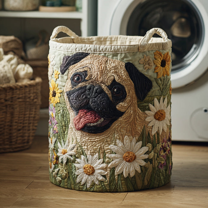 Vaskekurv med en Pug hund i margueritter