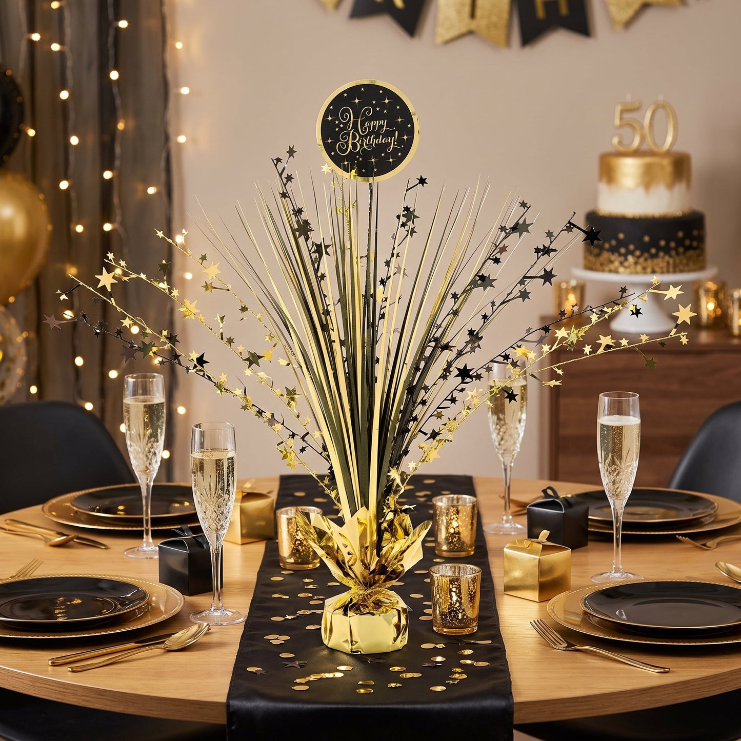 "Happy Birthday" Gold Starburst Centerpiece Spray