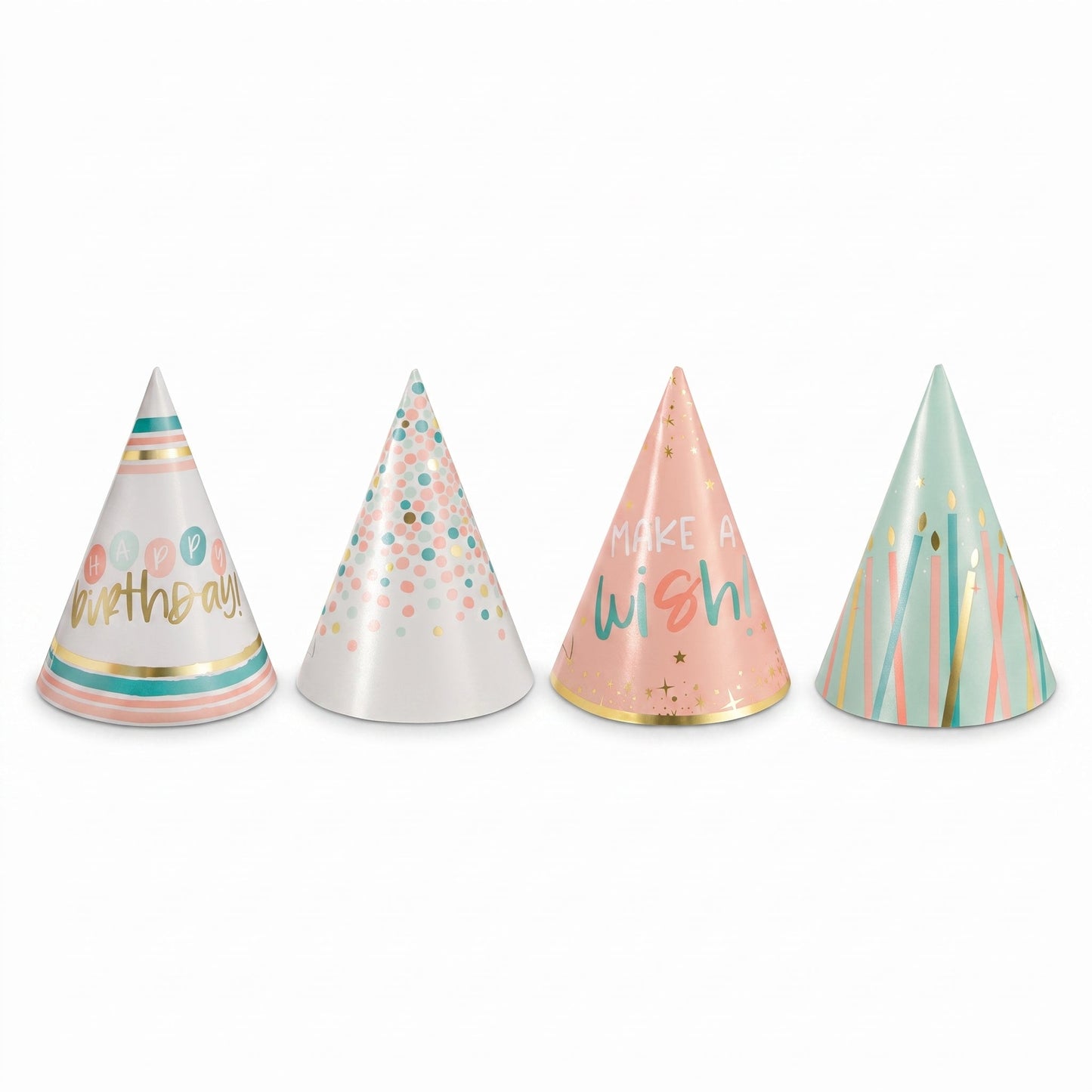 "Happy Cake Day" Mini Cone Birthday Party Hats - Metallic Pastel, 12-Pack