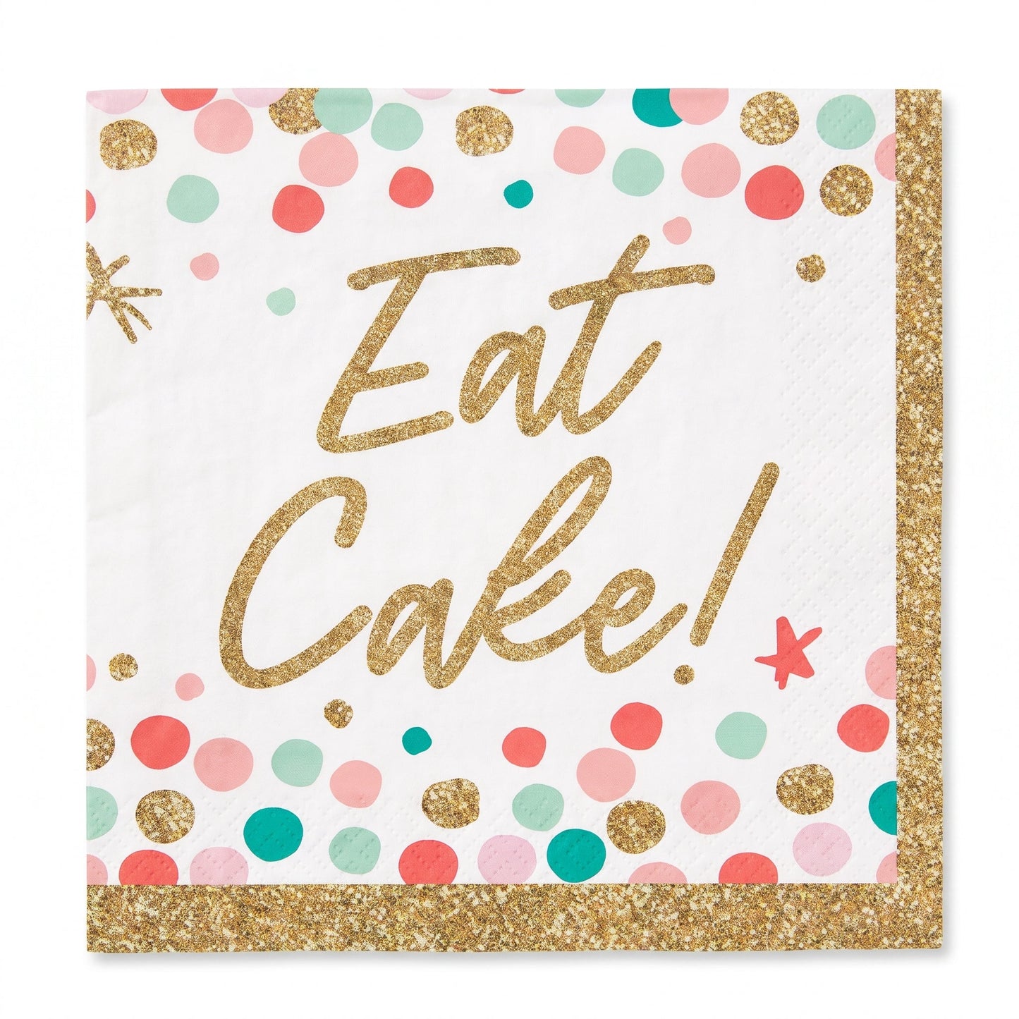"Eat Cake!" Birthday Beverage Napkins - Gold & Pastel Confetti, 36-Pack - 5 In. X 5 In.