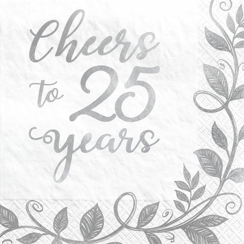 "Cheers to 25 Years" Silver Anniversary Beverage Napkins - 16 Pack - 5 In. X 5 In.