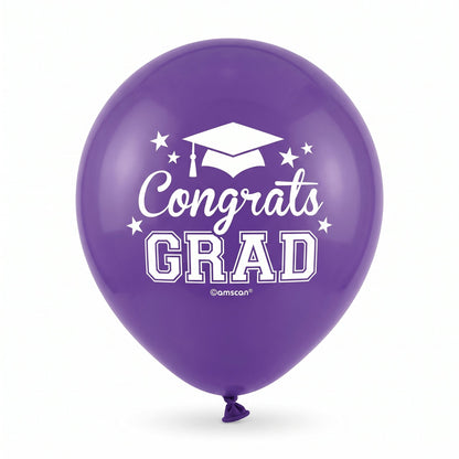"Congrats Grad" Purple Latex Balloons, 12-Inch, 15-Pack