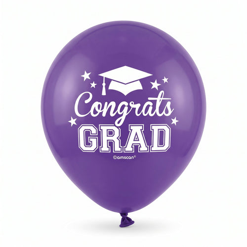 "Congrats Grad" Purple Latex Balloons, 12-Inch, 15-Pack