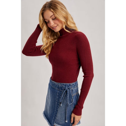BLUIVY - MOCK NECK RIBBED KNIT TOP | BURGUNDY