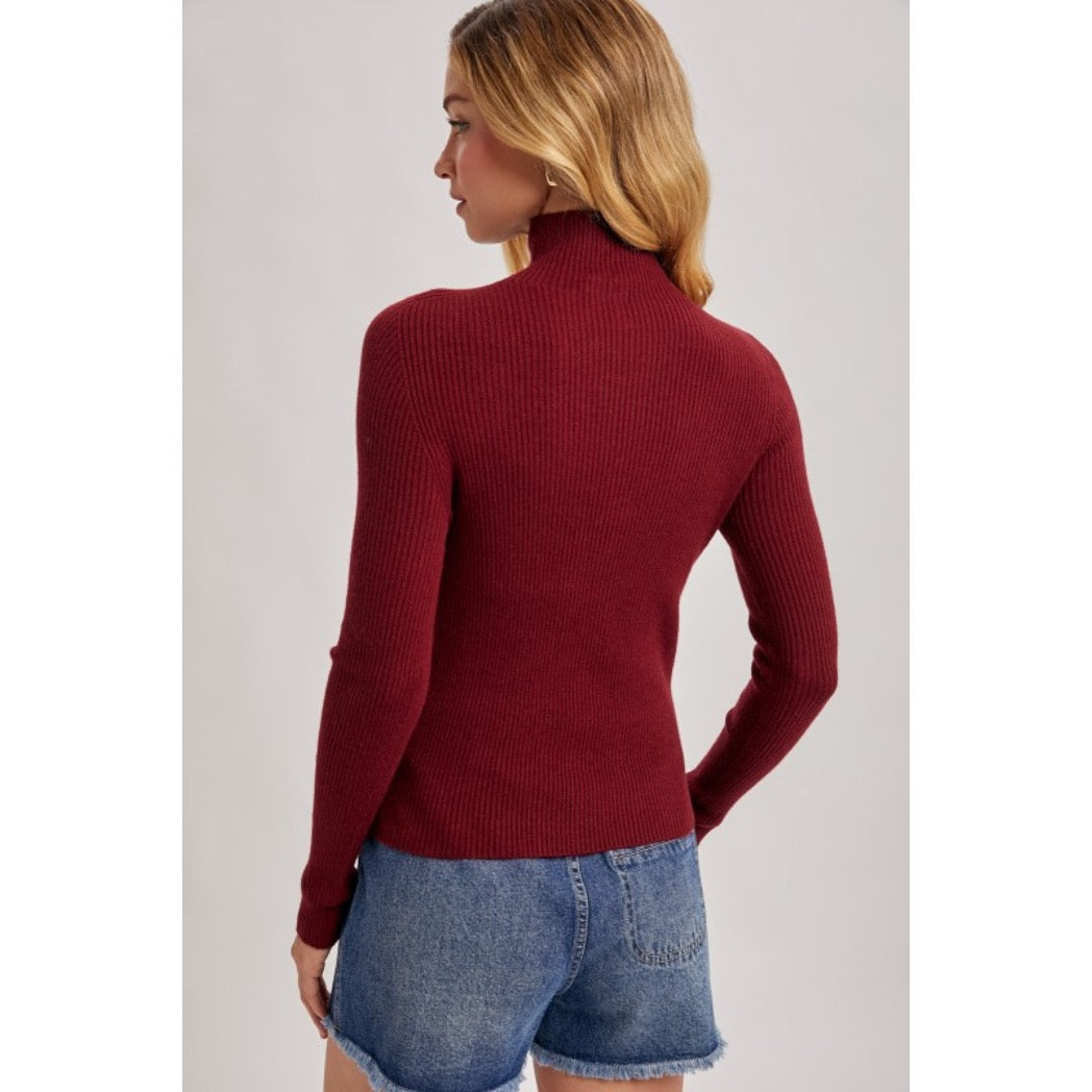BLUIVY - MOCK NECK RIBBED KNIT TOP | BURGUNDY