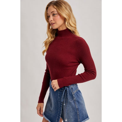 BLUIVY - MOCK NECK RIBBED KNIT TOP | BURGUNDY