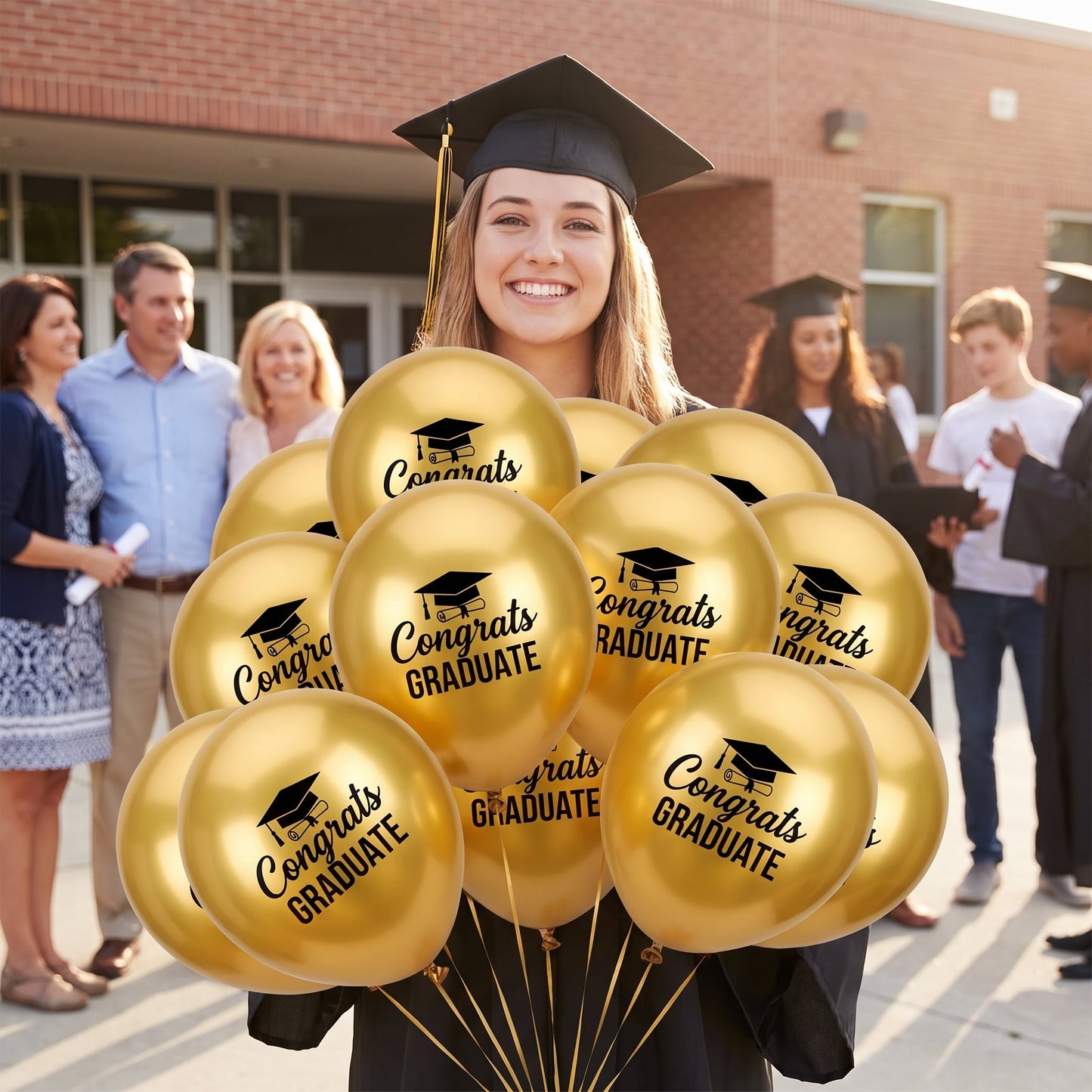 "Congrats Grad" Gold, Silver, and Black Latex Balloons, 12-Inch, 15-Pack