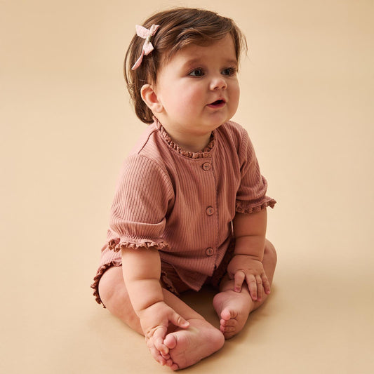 Frilled Ribbed Cardigan & Shorts Outfit - Rose