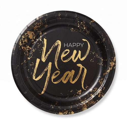 "Cheers For The New Year" 10-Inch Round Paper Plates - Black/Gold, 20-Pack