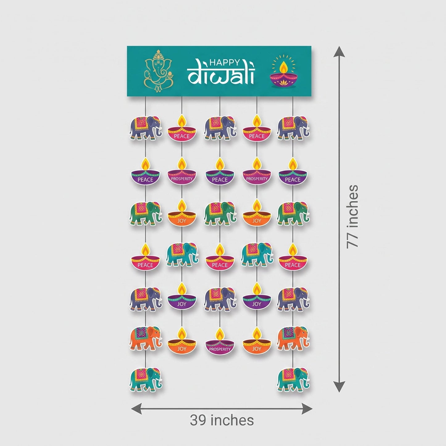 "Happy Diwali" Doorway Curtain with Ganesh & Elephant Motifs, 77-inch