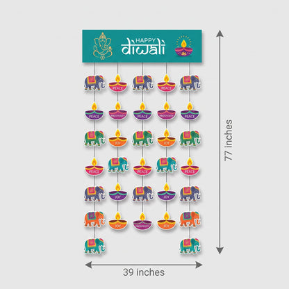 "Happy Diwali" Doorway Curtain with Ganesh & Elephant Motifs, 77-inch