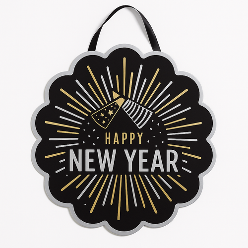 "Happy New Year" Hanging Cardboard Sign - Black, Silver & Gold