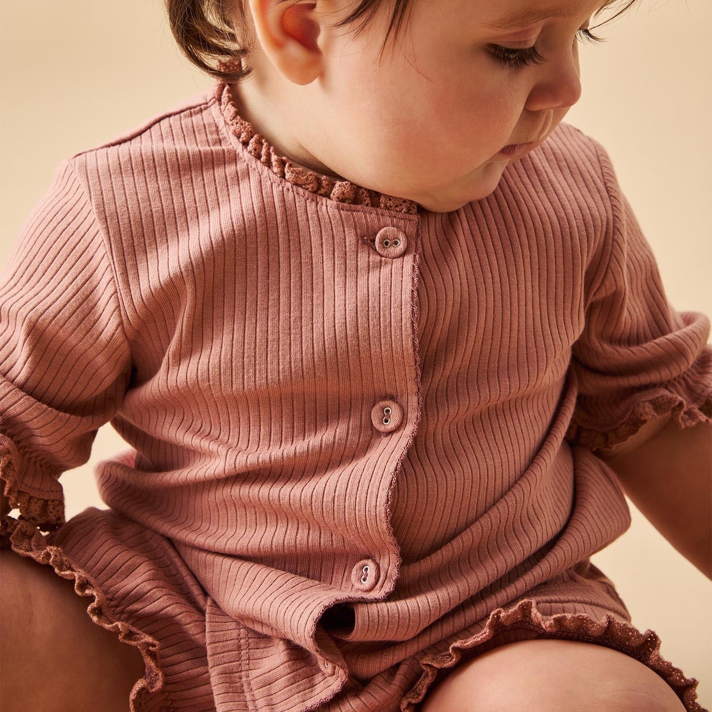 Frilled Ribbed Cardigan & Shorts Outfit - Rose