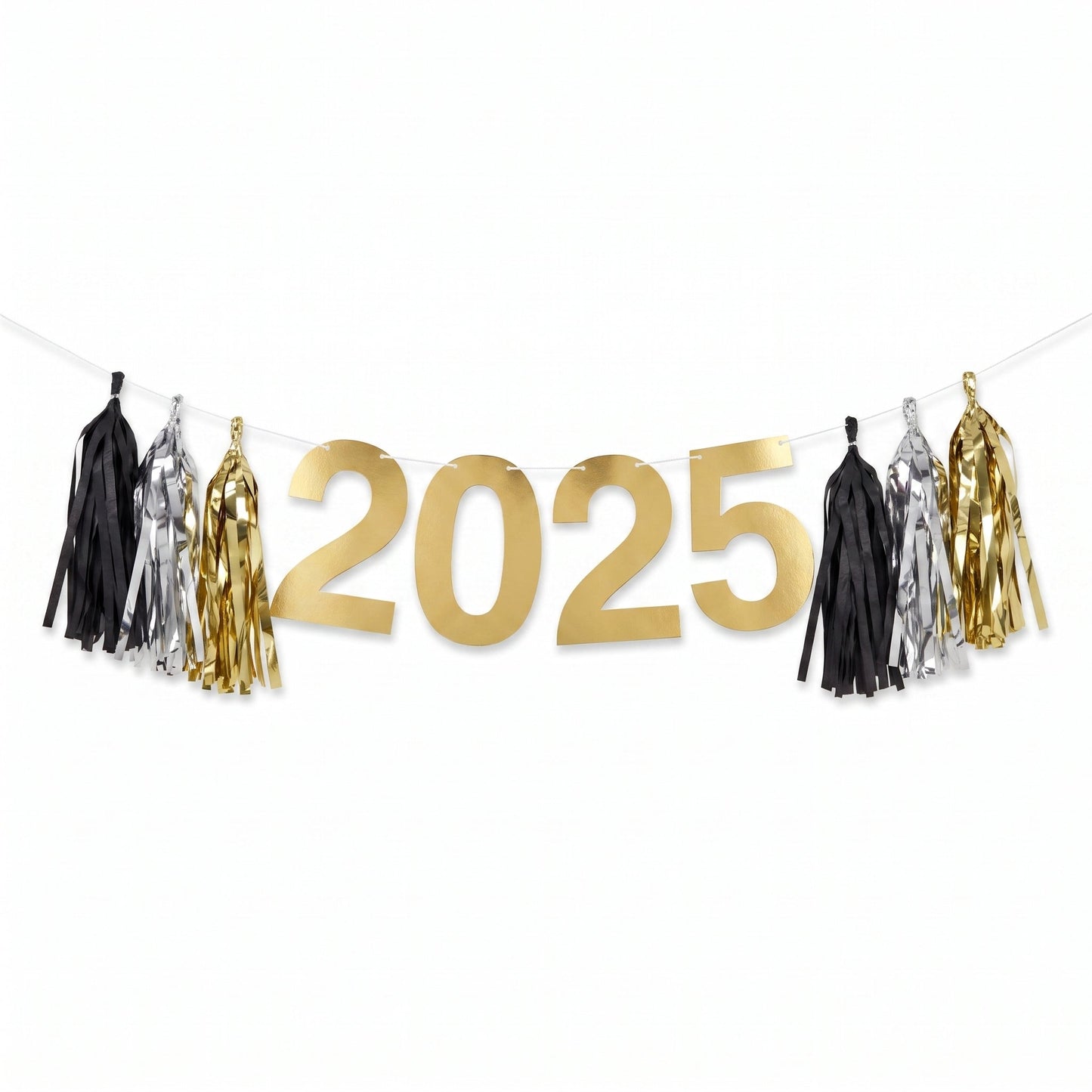 "2025" New Year's Tassel Garland Banner in Gold, Black, and Silver - 8 ft
