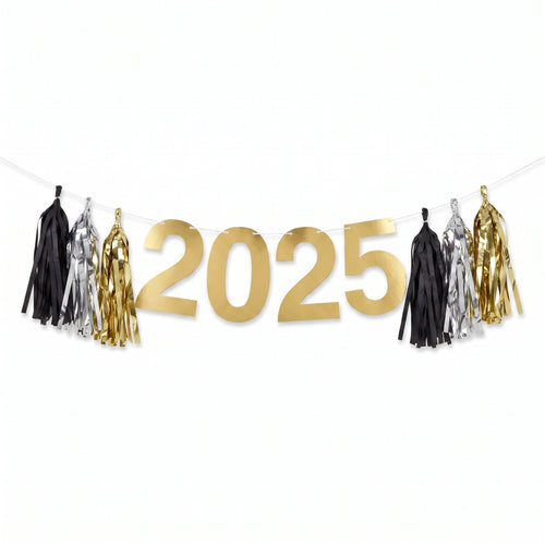 "2025" New Year's Tassel Garland Banner in Gold, Black, and Silver - 8 ft