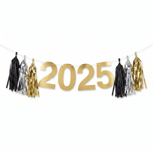 "2025" New Year's Tassel Garland Banner in Gold, Black, and Silver - 8 ft