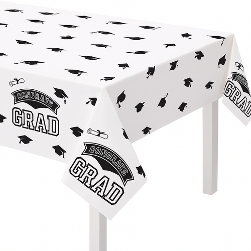 "Congrats Grad" Reusable Plastic Table Cover, Black/White, 54x84-in for Graduation