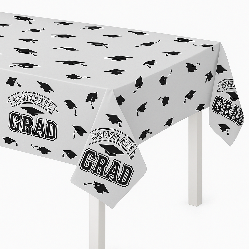 "Congrats Grad" Silver Plastic Table Cover - Graduation Celebration