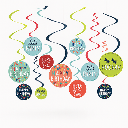 "A Reason to Celebrate" Birthday Swirl Hanging Decorations, 12-Pack