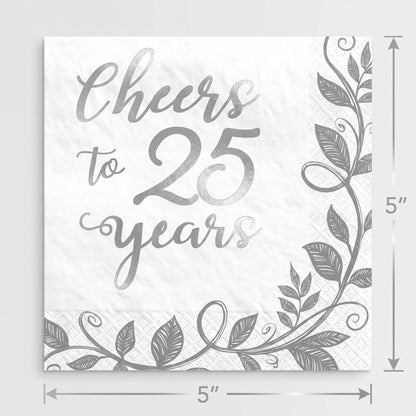 "Cheers to 25 Years" Silver Anniversary Beverage Napkins - 16 Pack - 5 In. X 5 In.