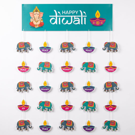 "Happy Diwali" Doorway Curtain with Ganesh & Elephant Motifs, 77-inch