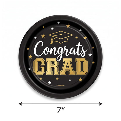 "Congrats Grad" 7-Inch Round Metallic Paper Plates - Black/Gold, 8-Pack