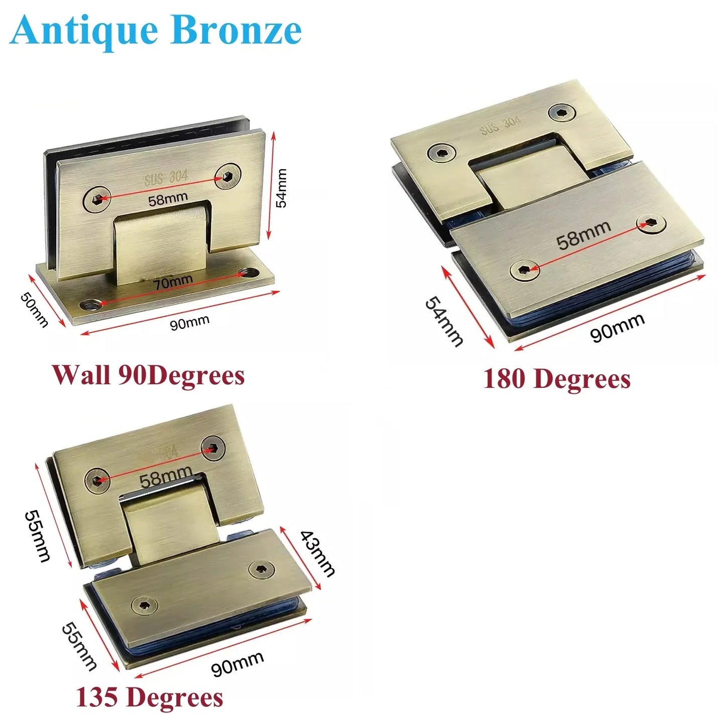 2Pcs 304 Stainless Steel Shower Enclosure Door Hinge 90 135 180 Degrees Rose Gold Matte Black Mirror Antique Bronze White