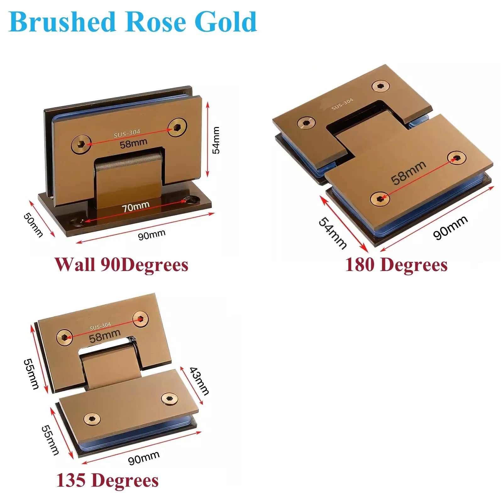 2Pcs 304 Stainless Steel Shower Enclosure Door Hinge 90 135 180 Degrees Rose Gold Matte Black Mirror Antique Bronze White