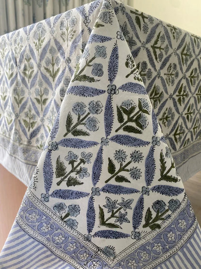 Coastal Blue Hand Block Printed Cotton Modern Tablecloth Dining Table Cover Custom Sizes Party Wedding Home Baby Shower Gift