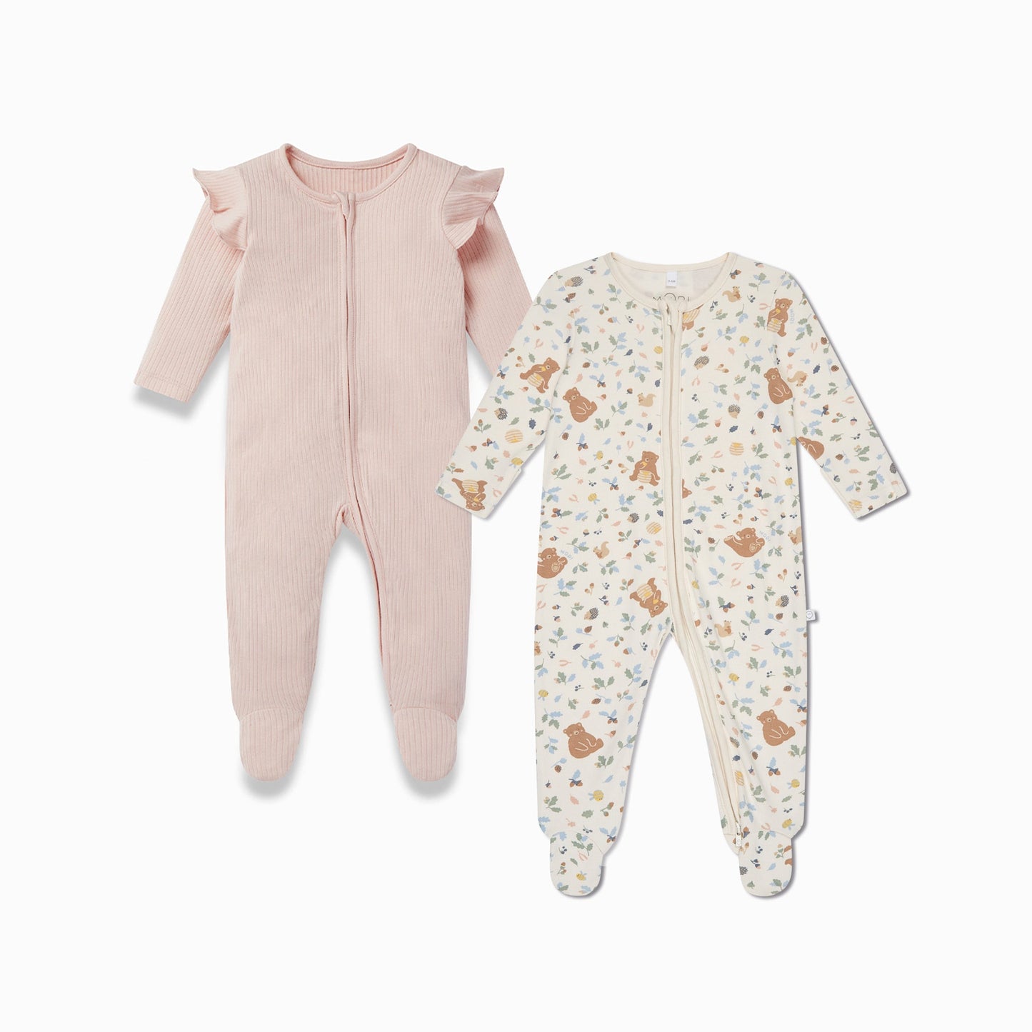 Bear Print & Frilled Ribbed Clever Zip Sleepsuit 2 Pack