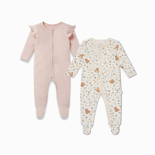 Bear Print & Frilled Ribbed Clever Zip Sleepsuit 2 Pack