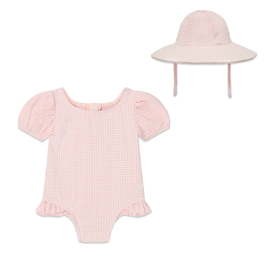 Gingham Seersucker Puff Sleeve Swimsuit & Hat