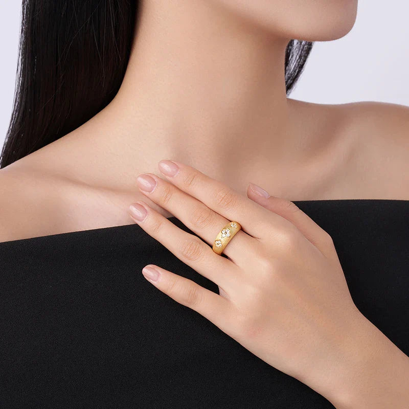 18K Gold Plated Wide Band Ring, Round Moissanite Flower Motif Brushed Finish Statement Stackable Ring for party Daily Wear
