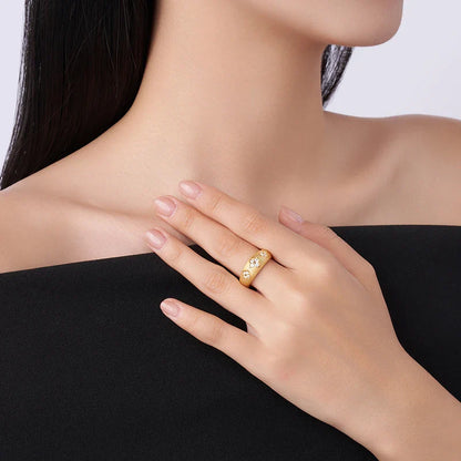 18K Gold Plated Wide Band Ring, Round Moissanite Flower Motif Brushed Finish Statement Stackable Ring for party Daily Wear